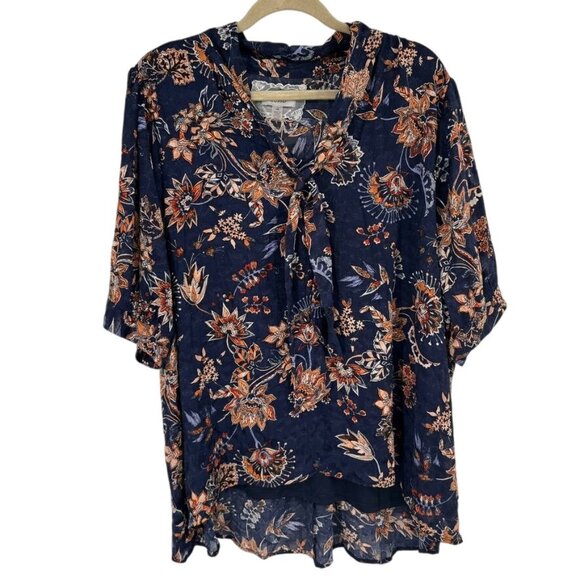 Cupio womens size 3X Floral V-Neck Blouse Tie Neck Navy plus short sleeve new - Picture 1 of 12